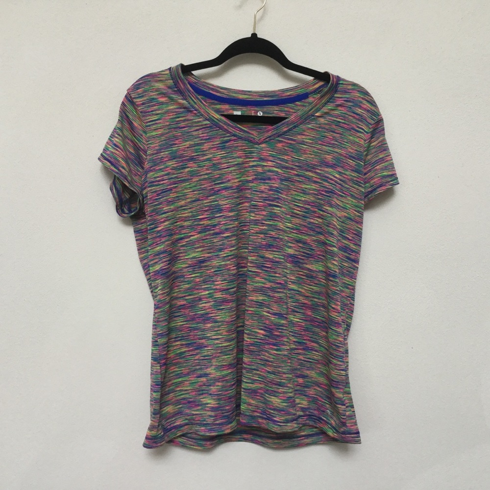 Xersion Multicolor V-Neck Short Sleeve Workout Top Size Large Gym Athletic